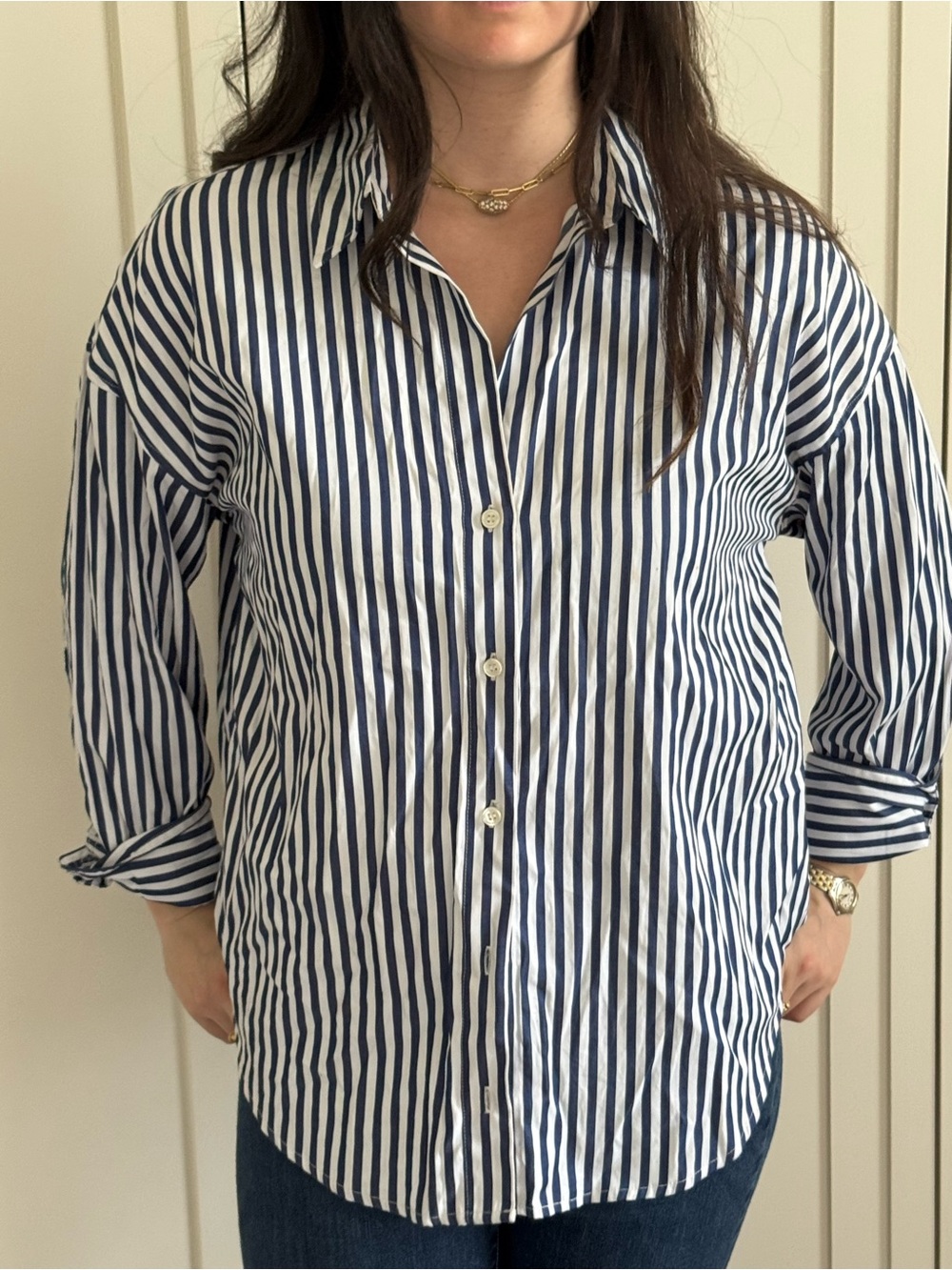 Zara Navy and White Vertical Stripe Button-Down Shirt